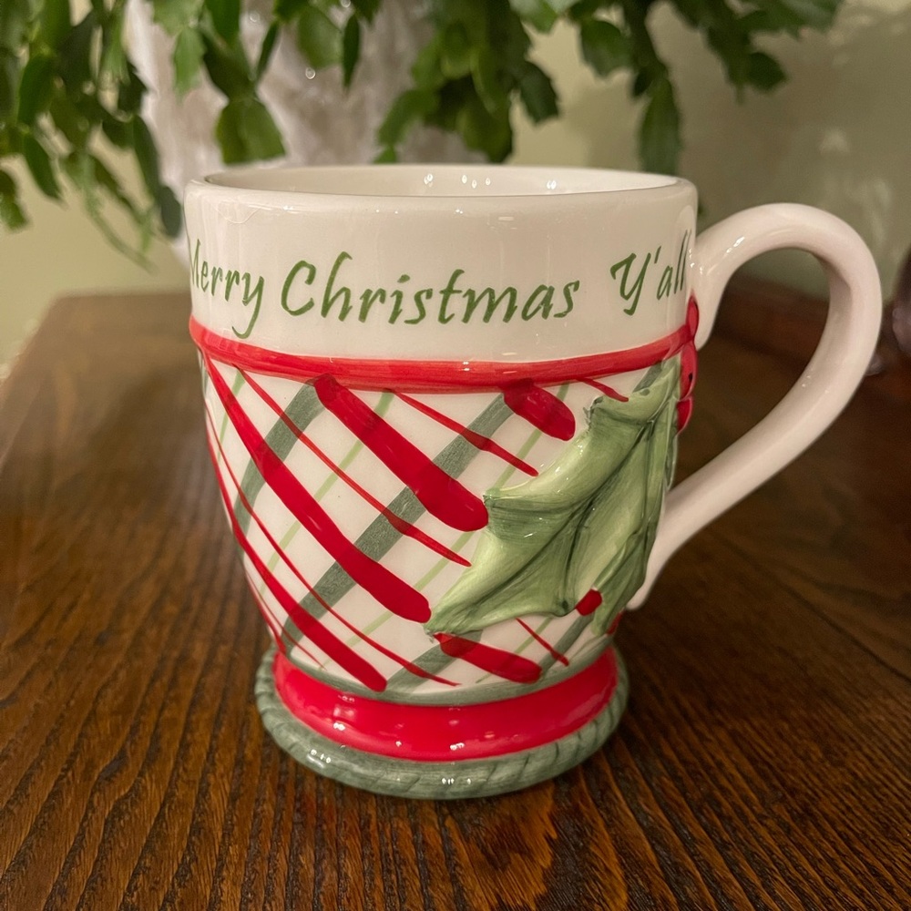 Fitz and Floyd Merry Christmas Y'all Mug Holly Leaf and Plaid Cup